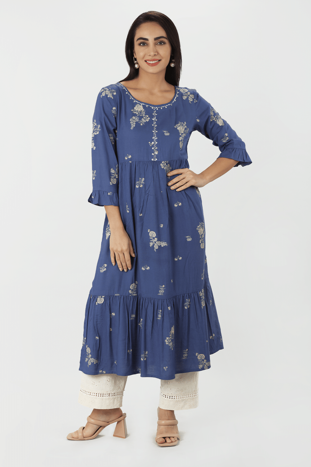 Blue Printed Rayon Slub Straight Kurti