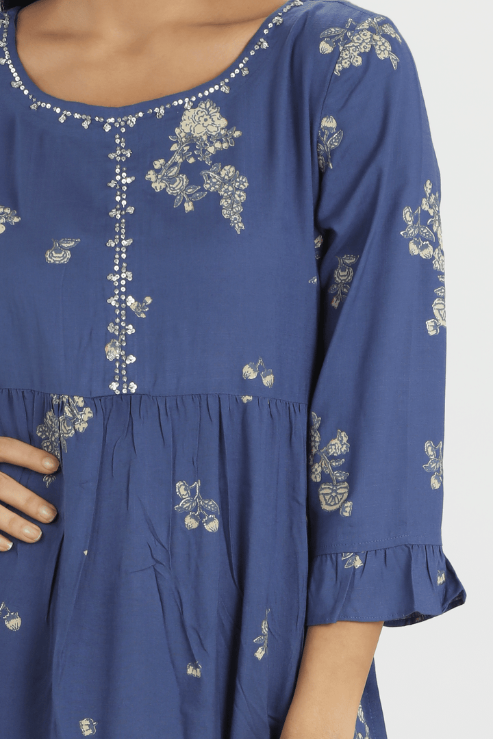 Blue Printed Rayon Slub Straight Kurti