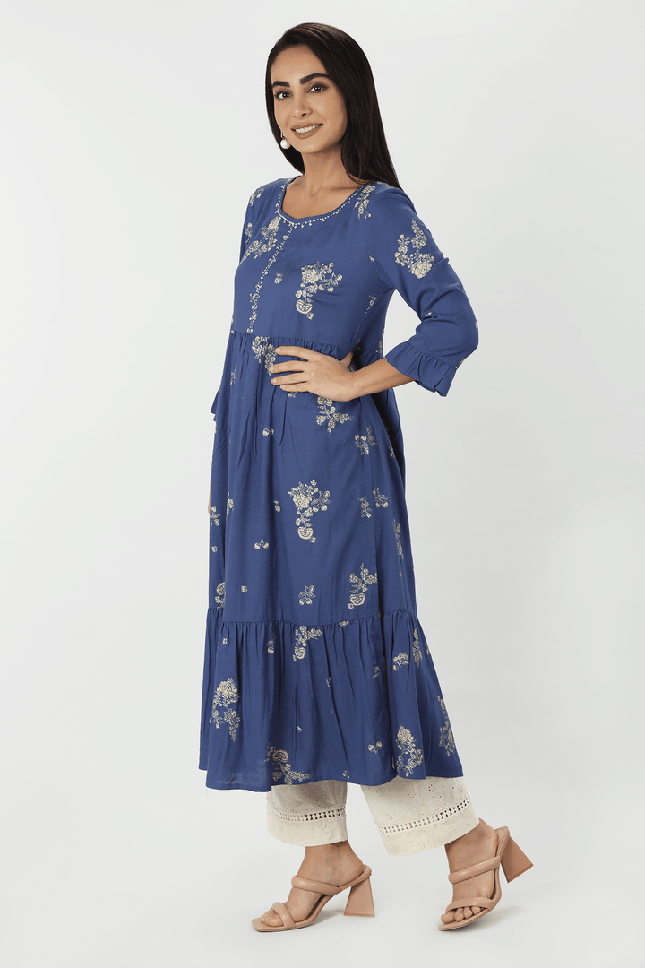 Blue Printed Rayon Slub Straight Kurti
