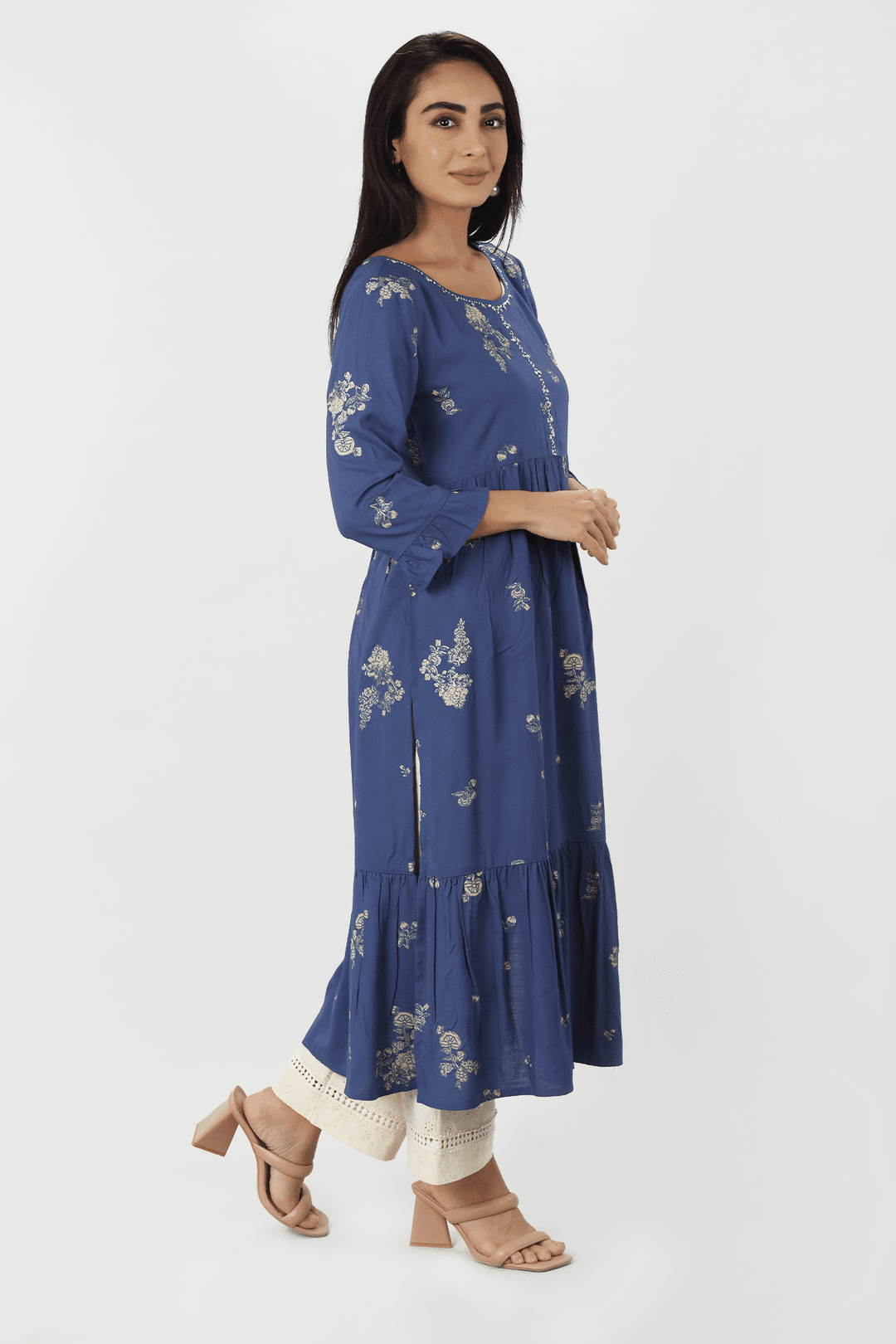 Blue Printed Rayon Slub Straight Kurti
