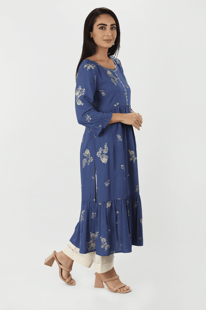 Blue Printed Rayon Slub Straight Kurti