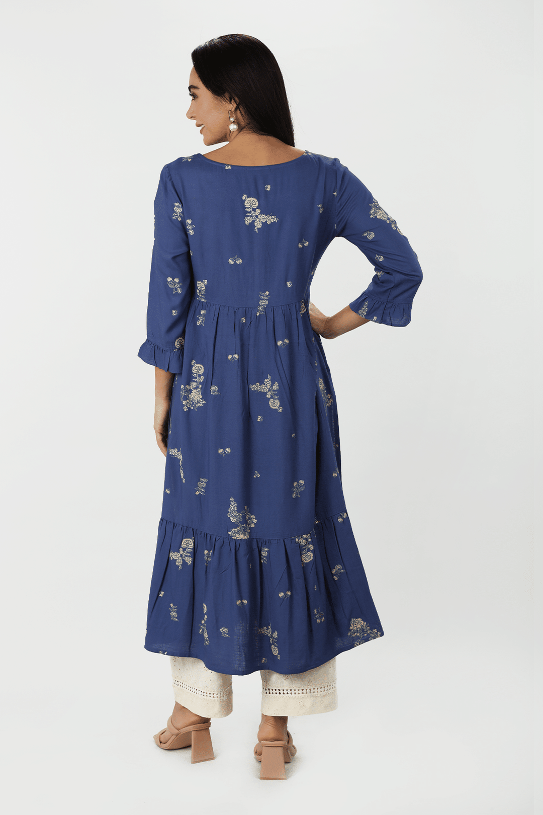 Blue Printed Rayon Slub Straight Kurti