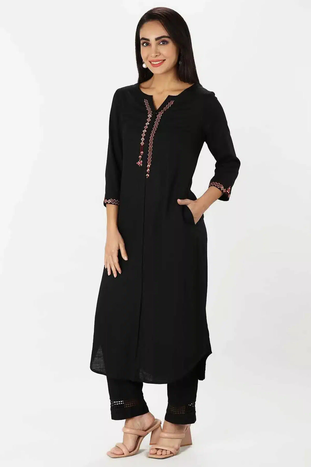 Black Embroidered Rayon Slub Kurti with Front Slit