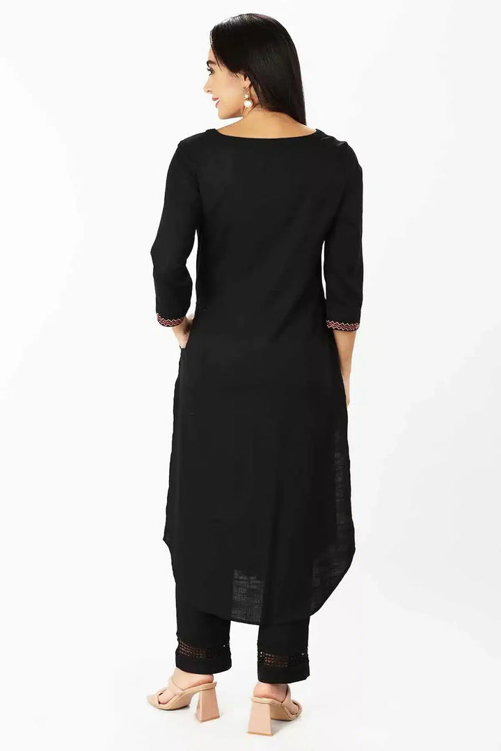 Black Embroidered Rayon Slub Kurti with Front Slit