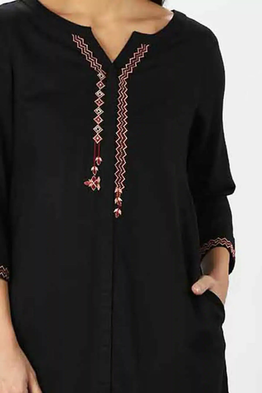 Black Embroidered Rayon Slub Kurti with Front Slit