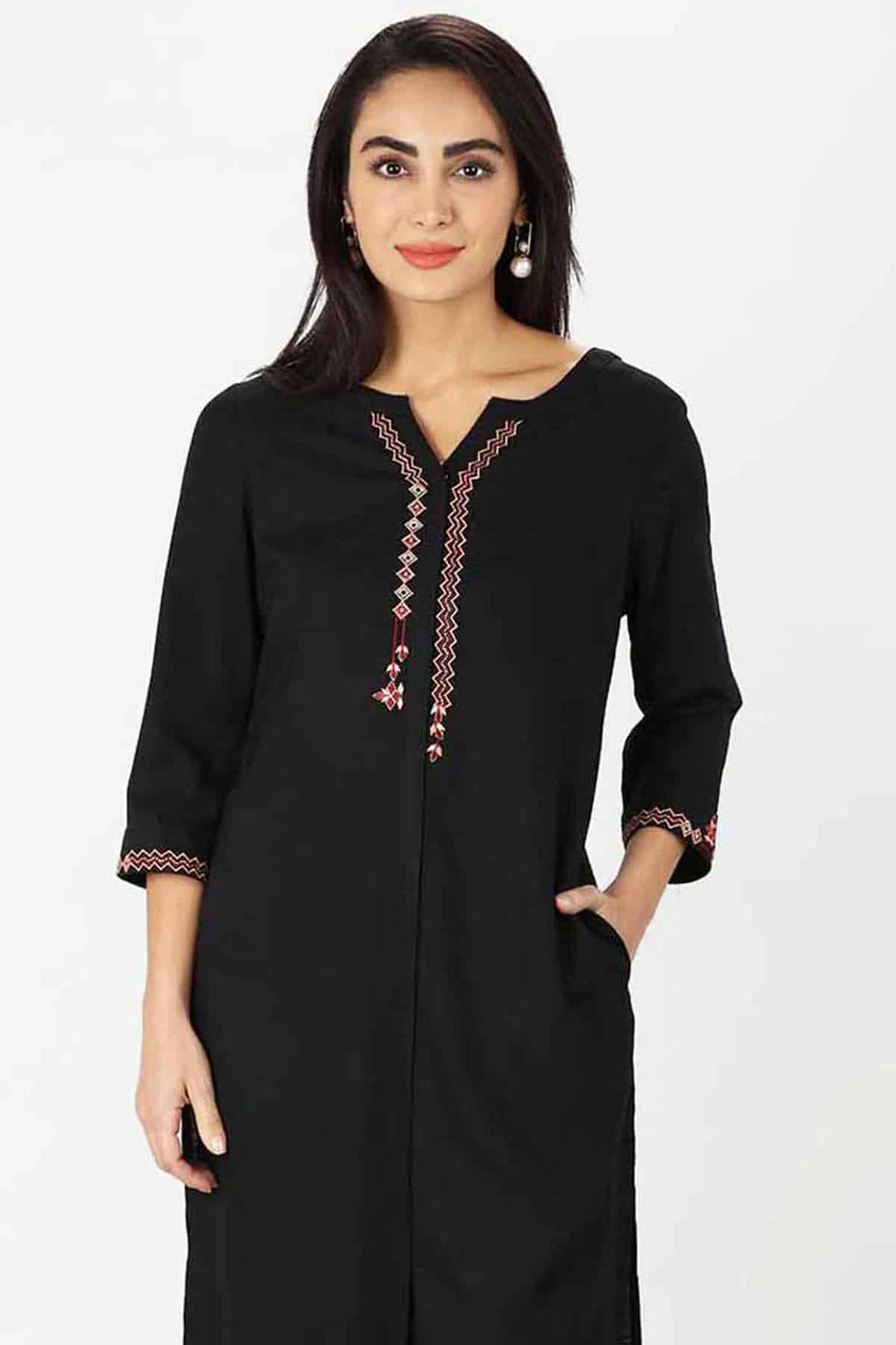 Black Embroidered Rayon Slub Kurti with Front Slit