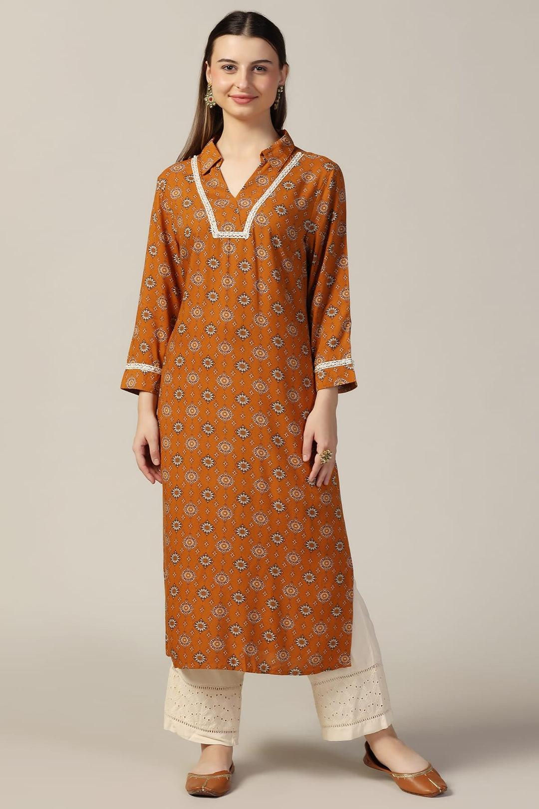 Mustard Printed Rayon Kurti