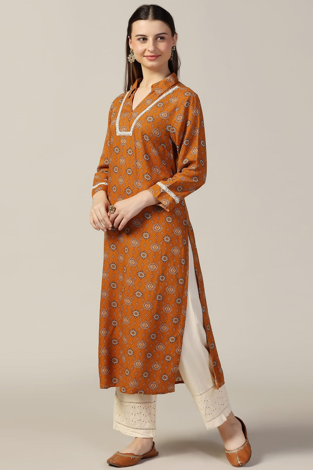 Mustard Printed Rayon Kurti