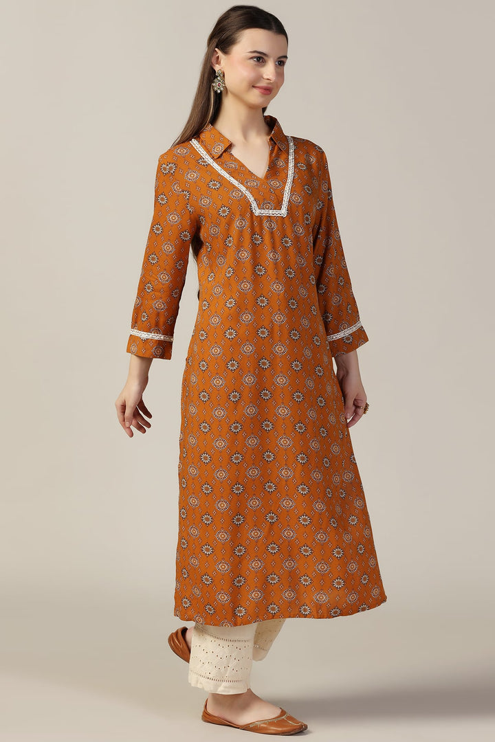 Mustard Printed Rayon Kurti