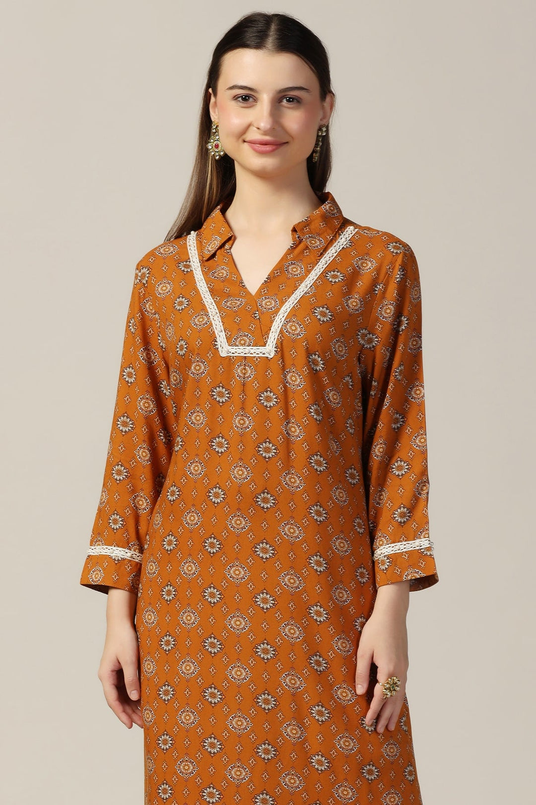 Mustard Printed Rayon Kurti