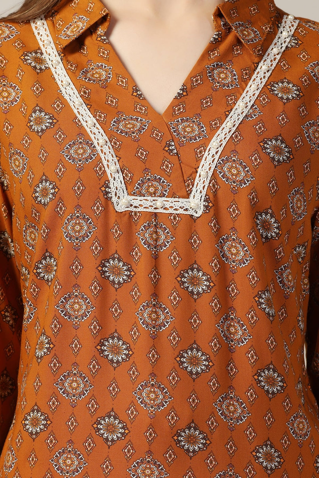 Mustard Printed Rayon Kurti