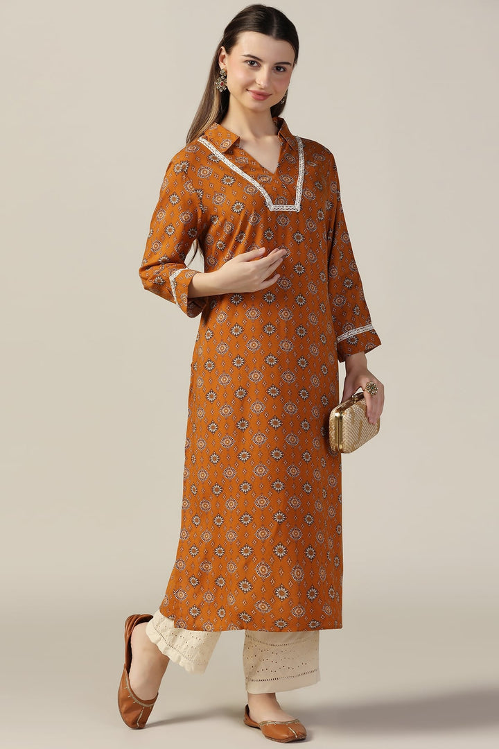 Mustard Printed Rayon Kurti