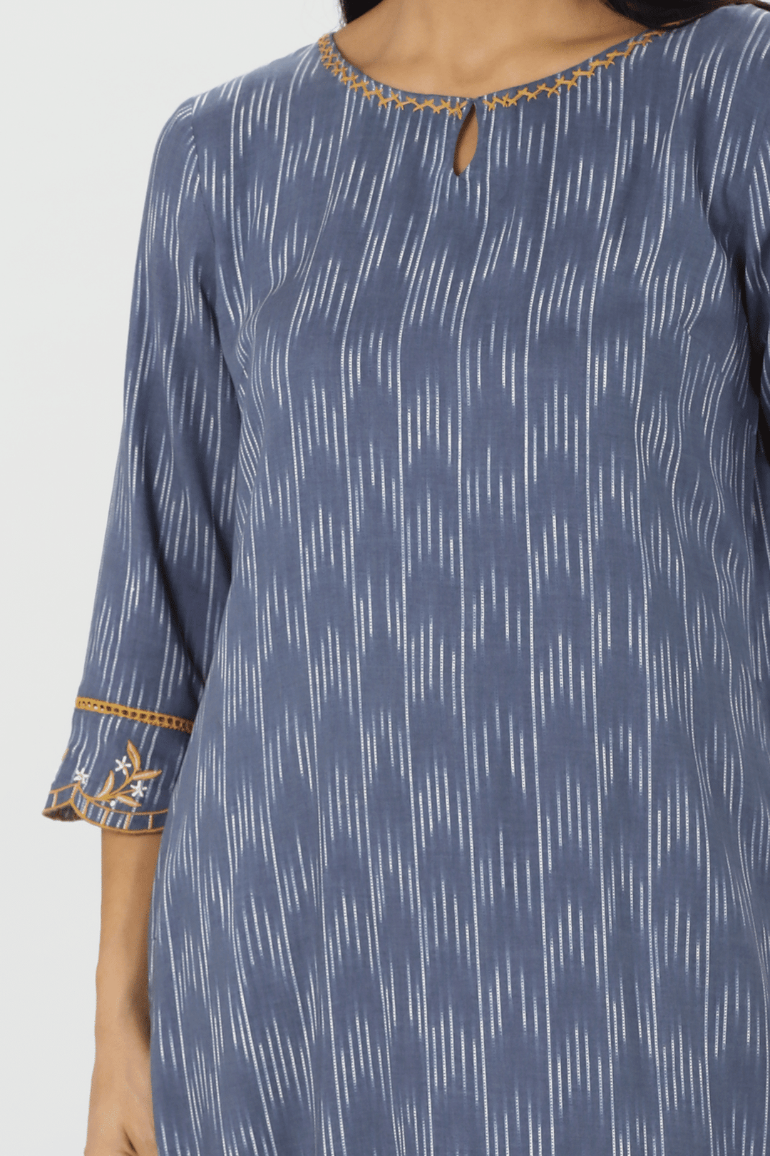 Blue Ikat Embroidered Kurti