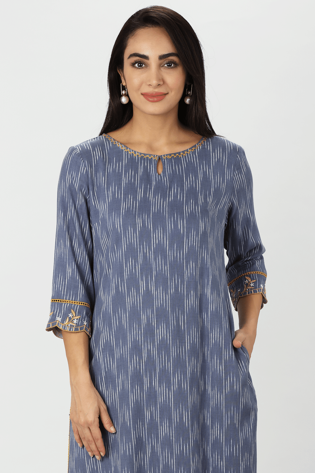 Blue Ikat Embroidered Kurti