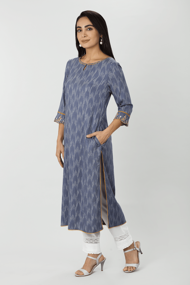 Blue Ikat Embroidered Kurti