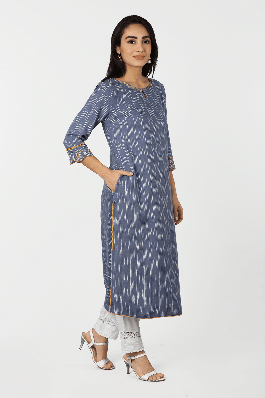 Blue Ikat Embroidered Kurti