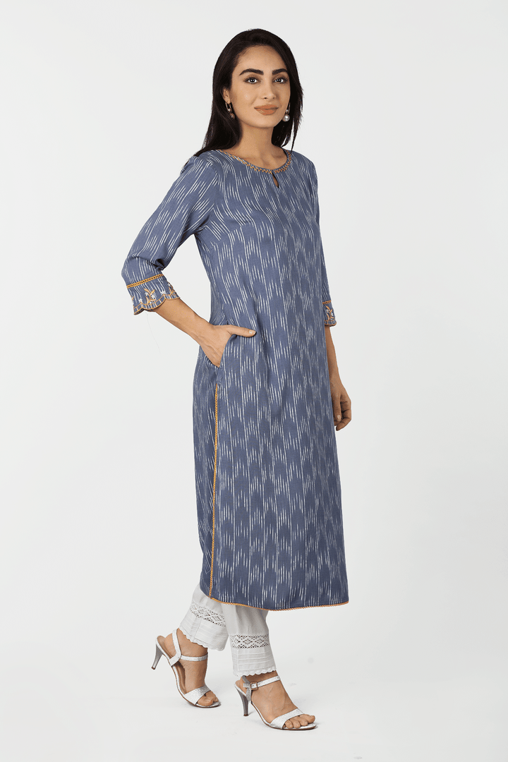 Blue Ikat Embroidered Kurti