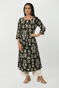 Black Printed Rayon Slub A-Line Kurti