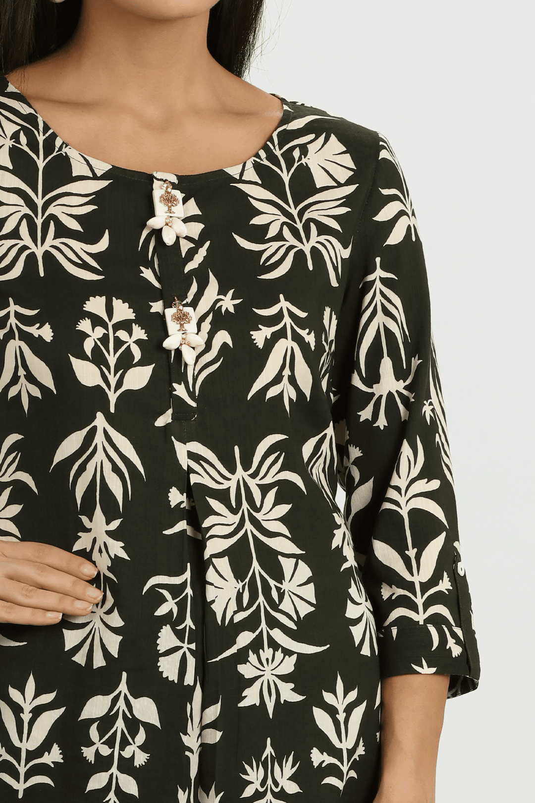 Black Printed Rayon Slub A-Line Kurti