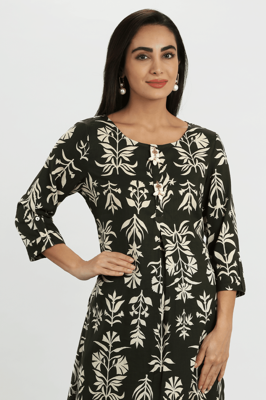 Black Printed Rayon Slub A-Line Kurti
