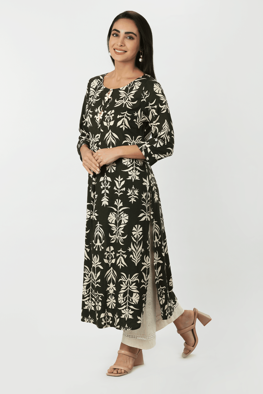Black Printed Rayon Slub A-Line Kurti