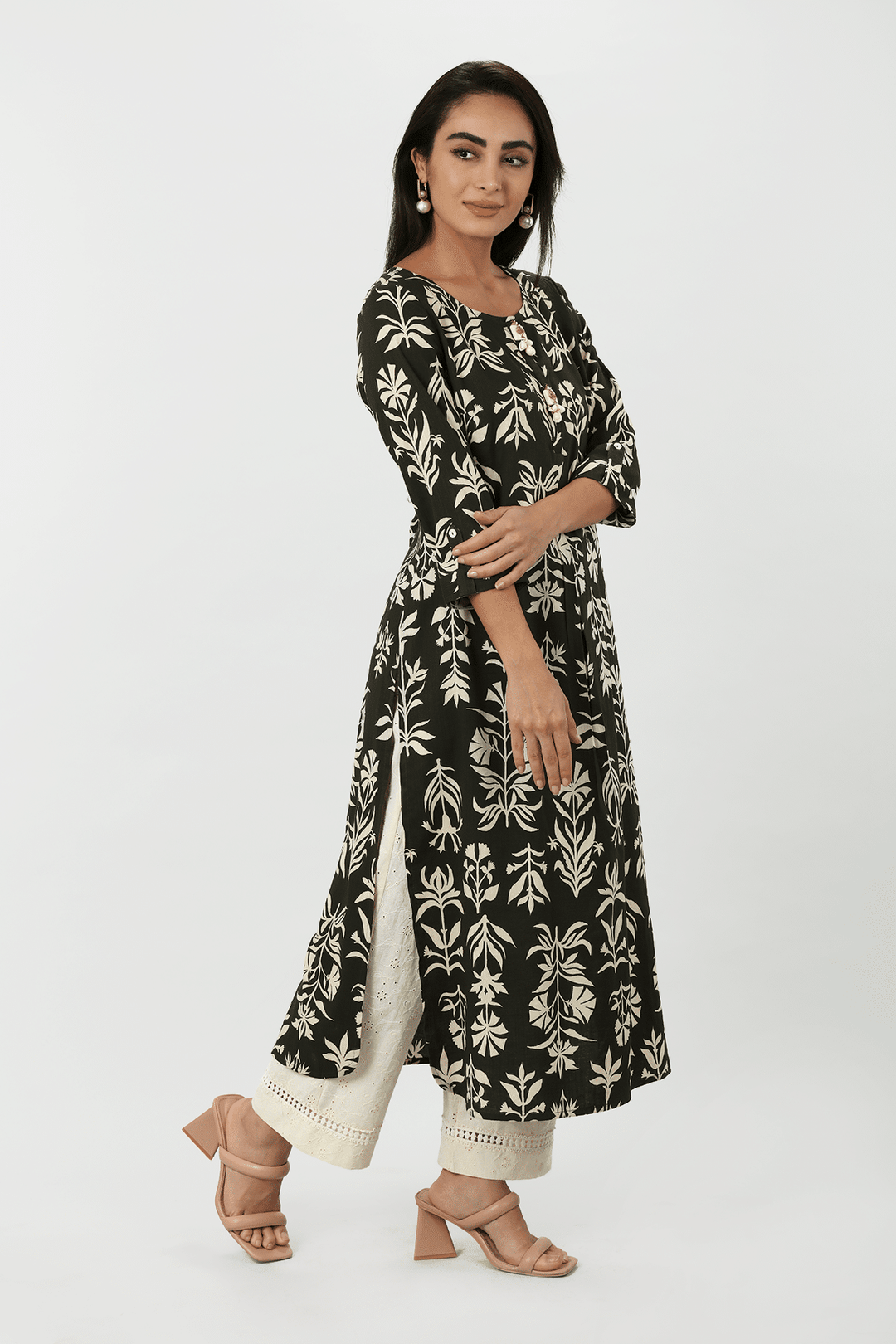 Black Printed Rayon Slub A-Line Kurti
