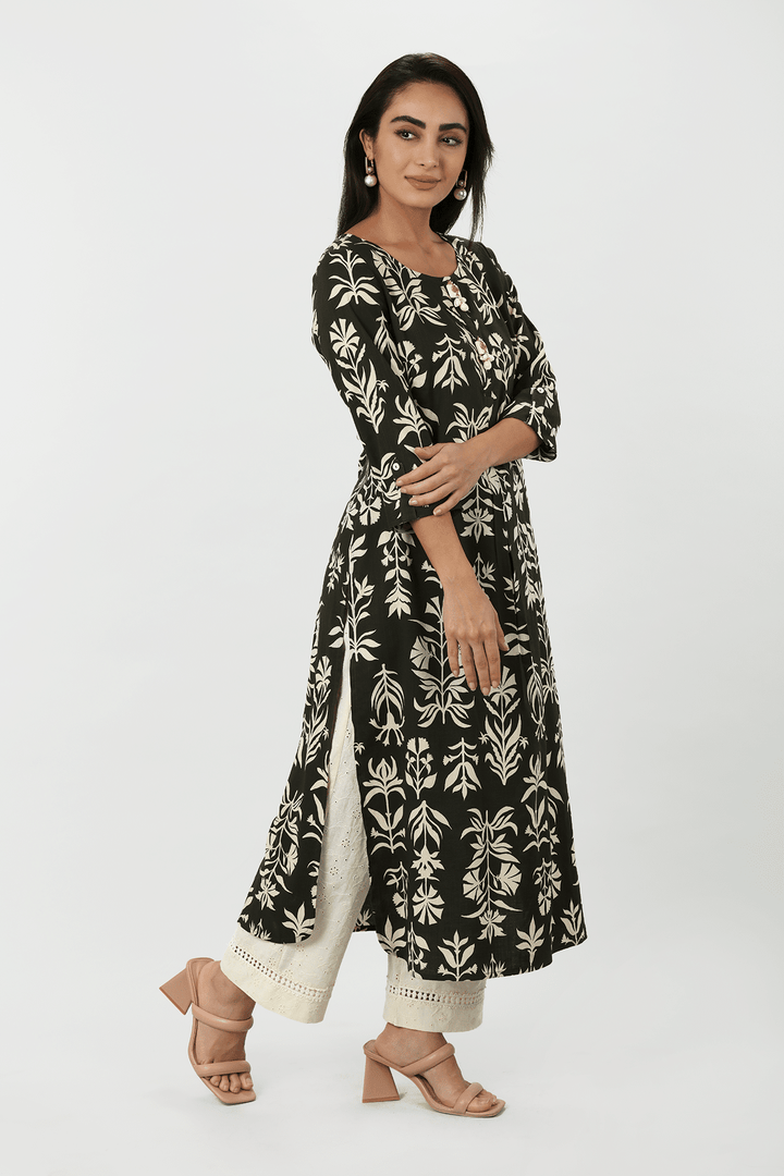 Black Printed Rayon Slub A-Line Kurti