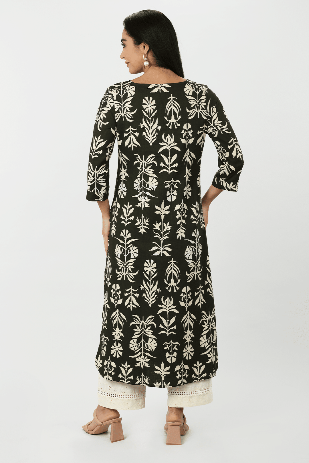 Black Printed Rayon Slub A-Line Kurti