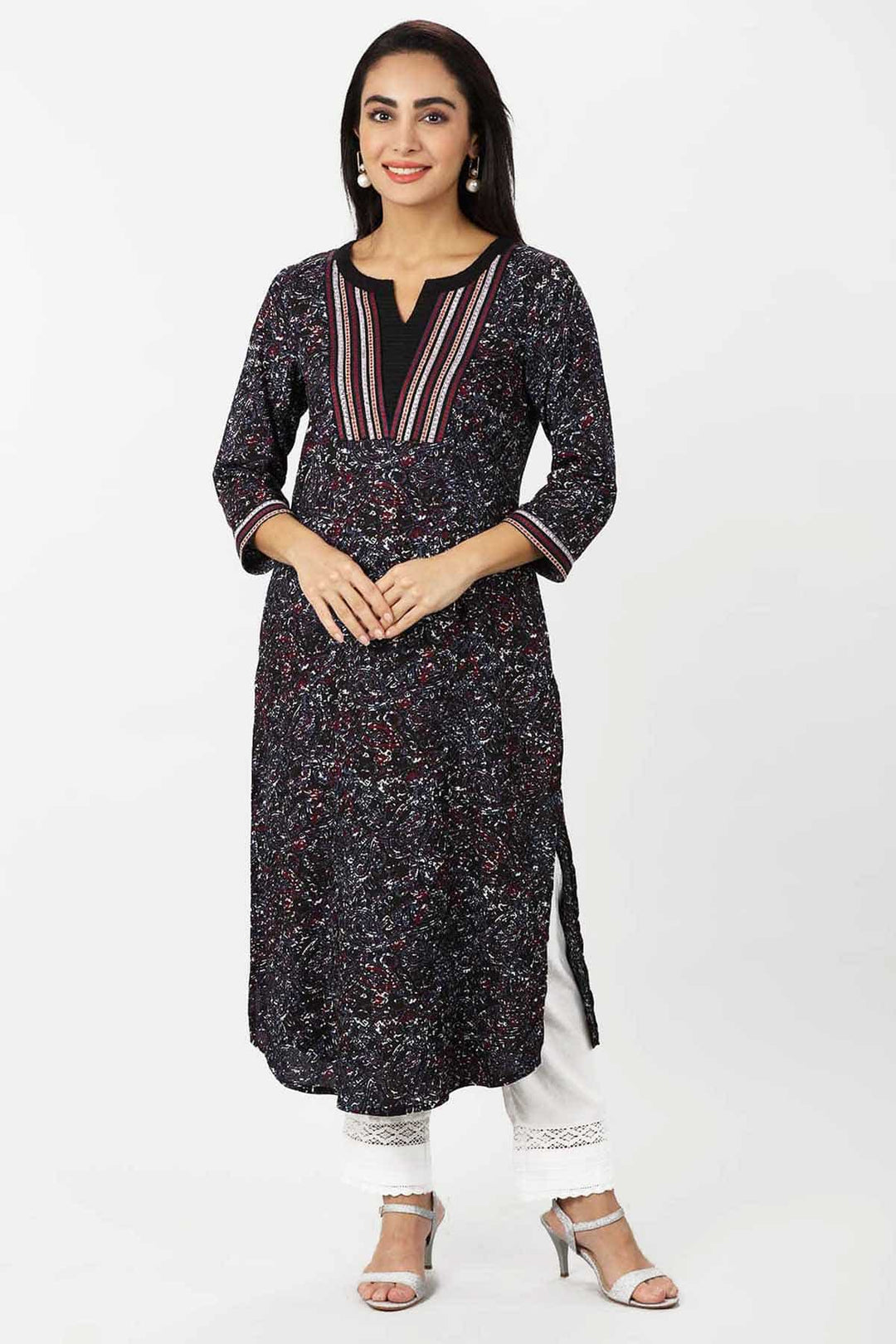 Charcoal Black Embroidered Rayon A-Line Kurti
