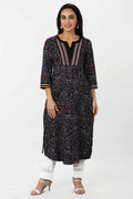 Charcoal Black Embroidered Rayon A-Line Kurti
