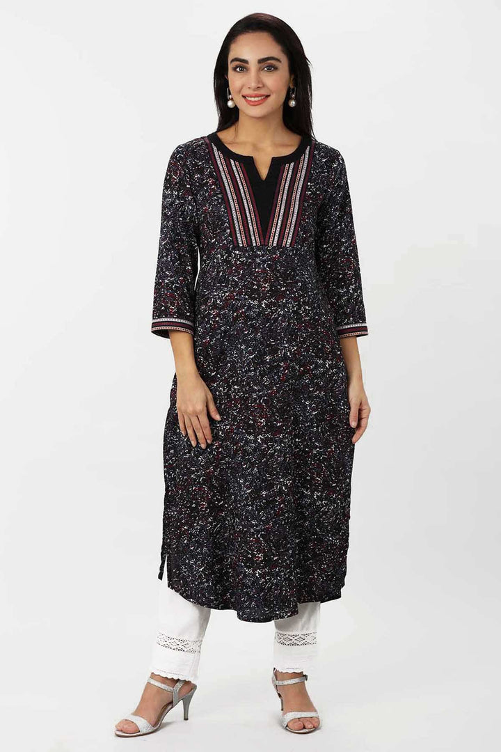 Charcoal Black Embroidered Rayon A-Line Kurti
