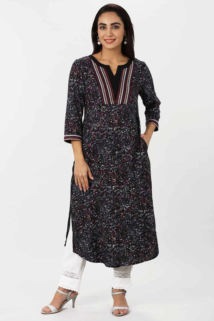 Charcoal Black Embroidered Rayon A-Line Kurti