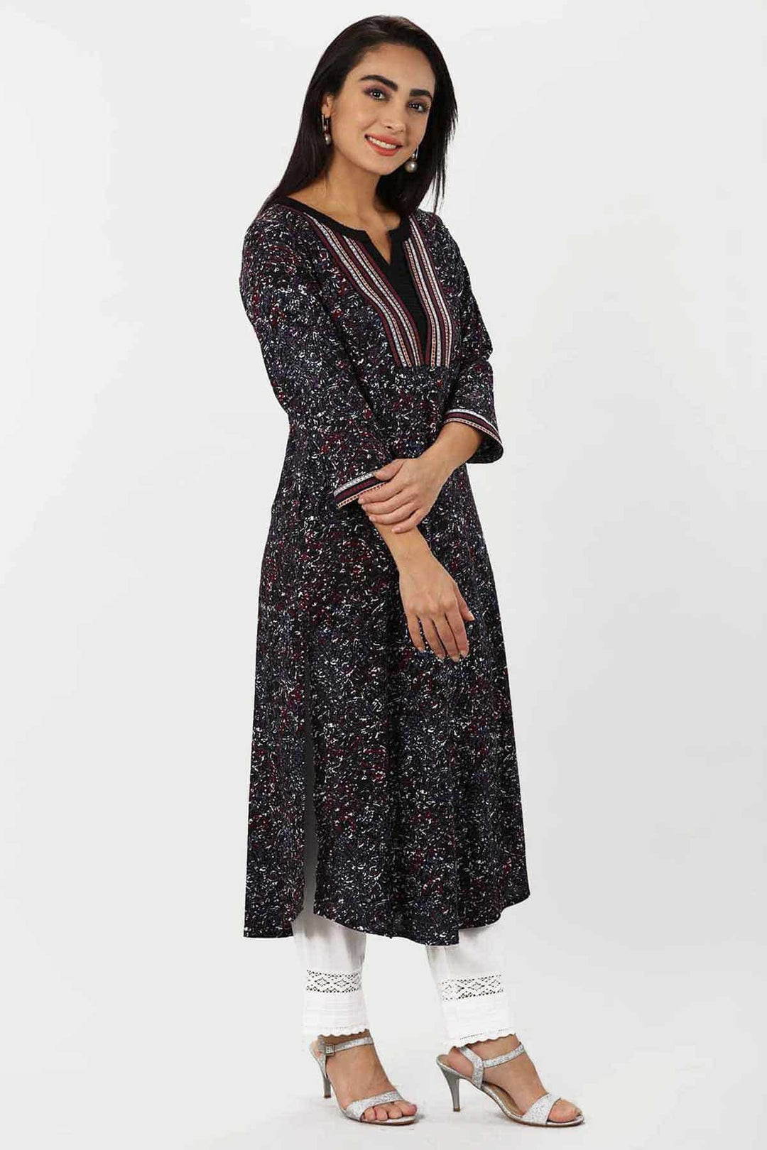 Charcoal Black Embroidered Rayon A-Line Kurti