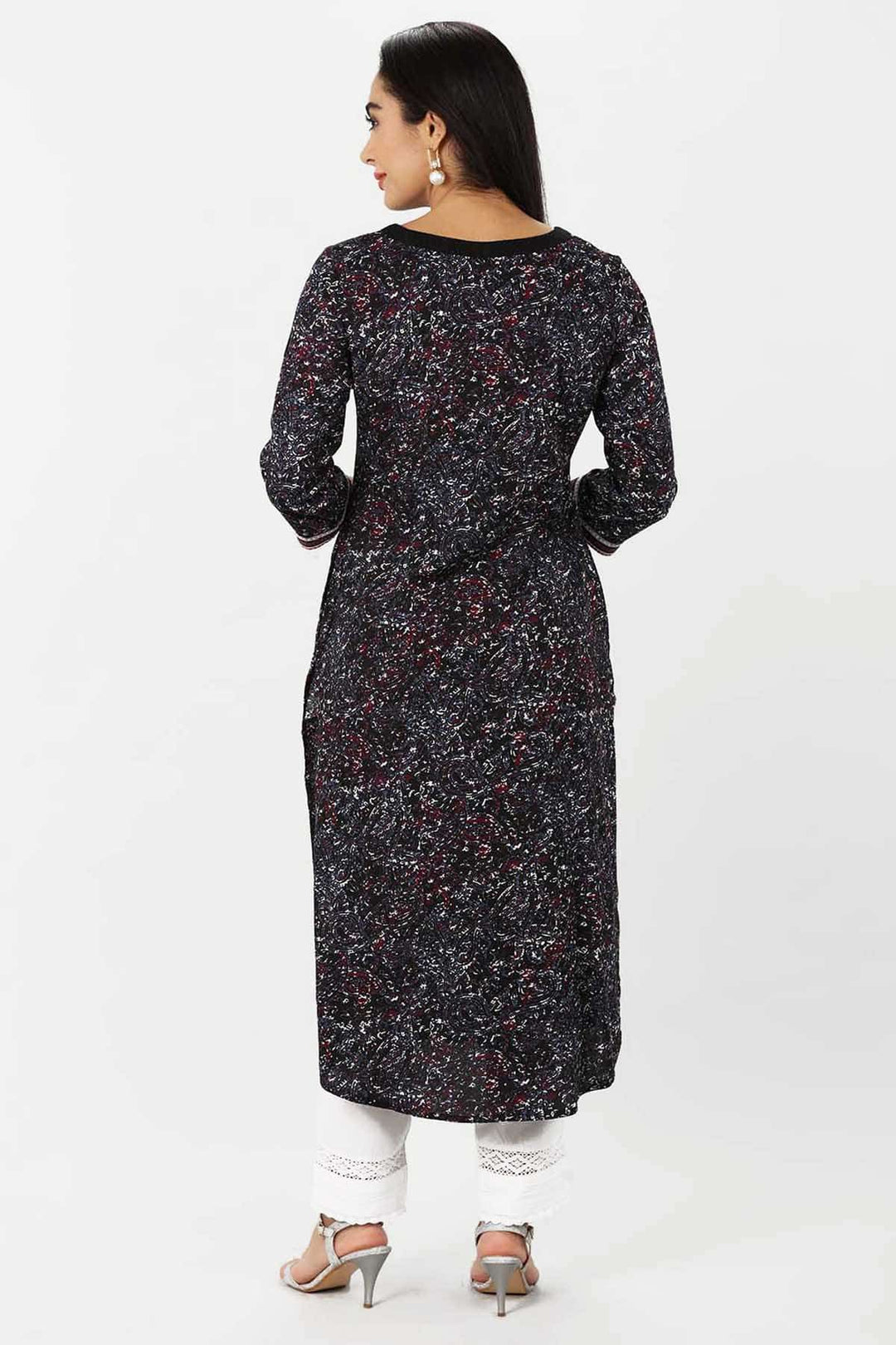 Charcoal Black Embroidered Rayon A-Line Kurti
