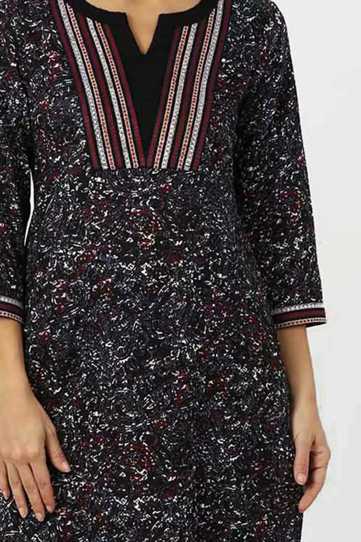 Charcoal Black Embroidered Rayon A-Line Kurti