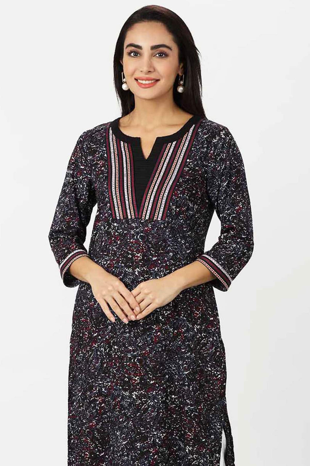 Charcoal Black Embroidered Rayon A-Line Kurti
