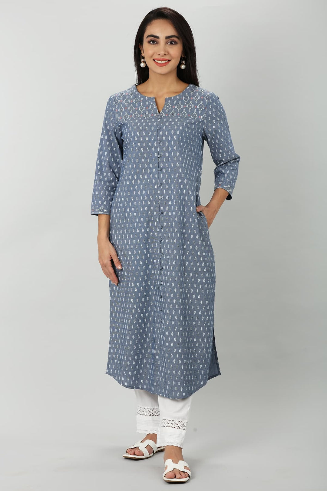 Blue Chambray Embroidered Kurti