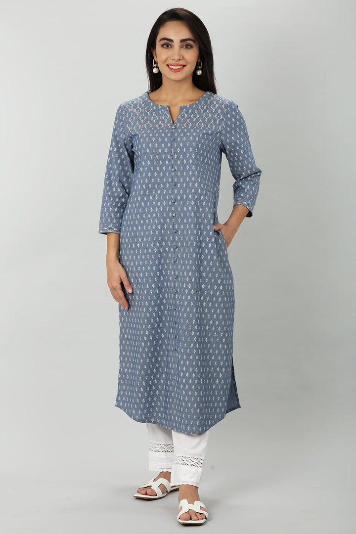 Blue Chambray Embroidered Kurti
