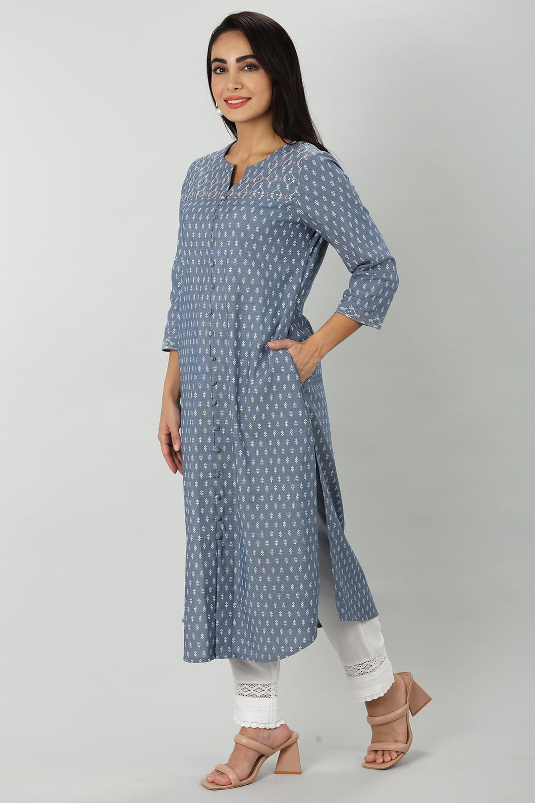 Blue Chambray Embroidered Kurti