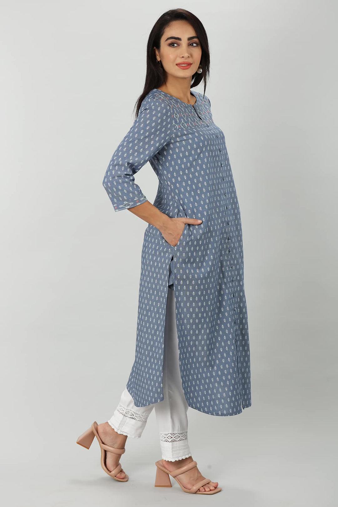 Blue Chambray Embroidered Kurti