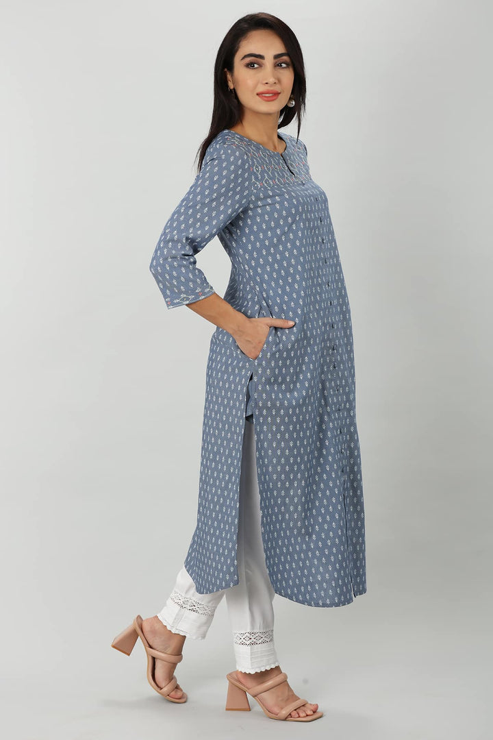Blue Chambray Embroidered Kurti