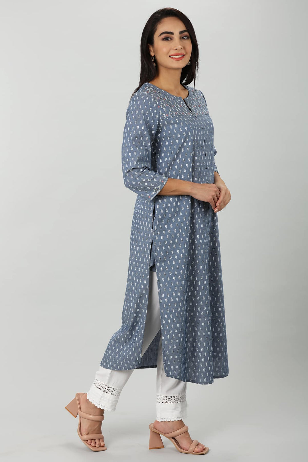Blue Chambray Embroidered Kurti