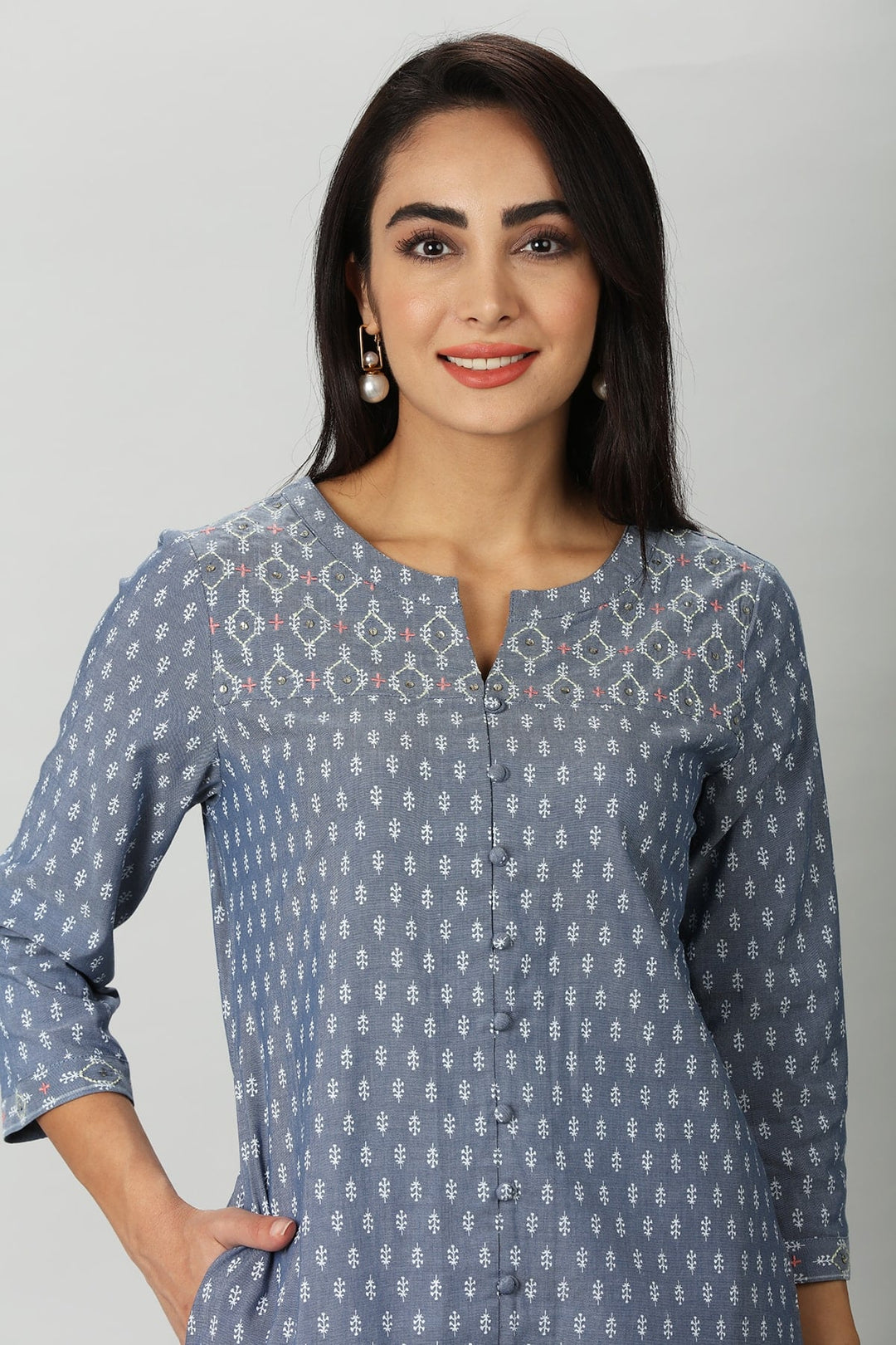 Blue Chambray Embroidered Kurti