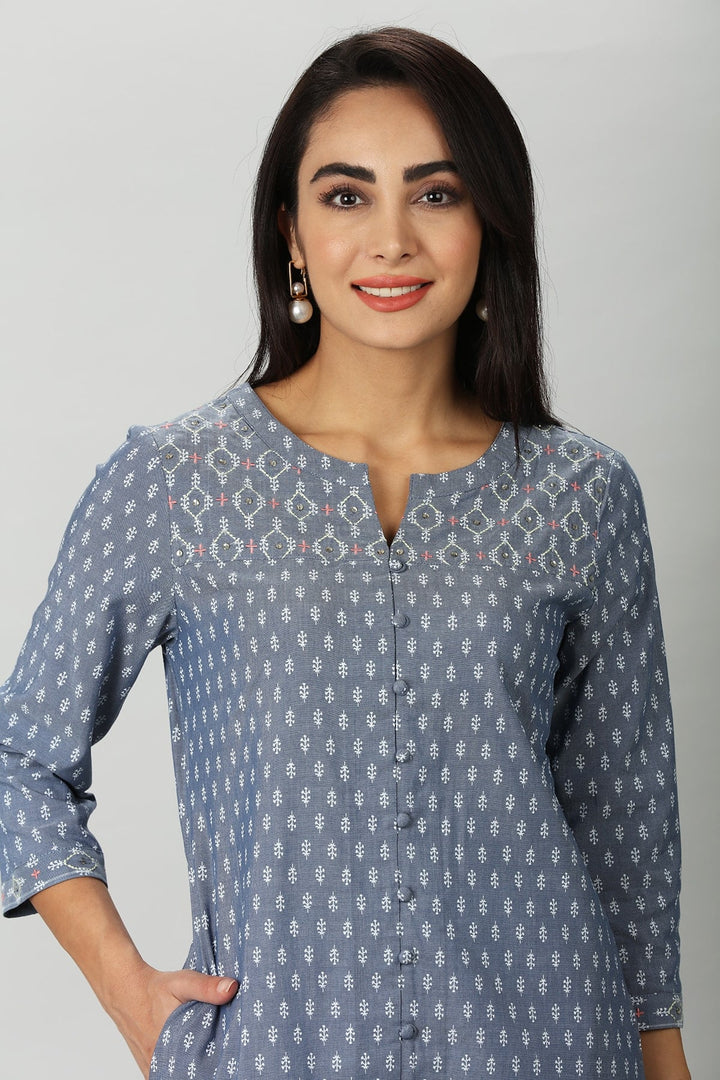 Blue Chambray Embroidered Kurti
