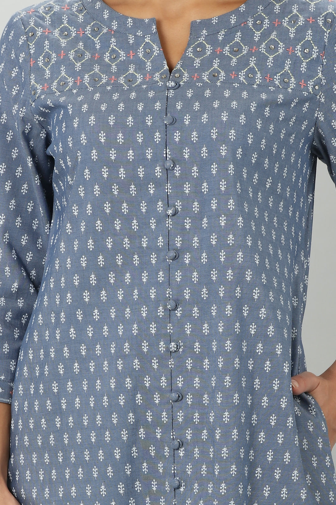 Blue Chambray Embroidered Kurti