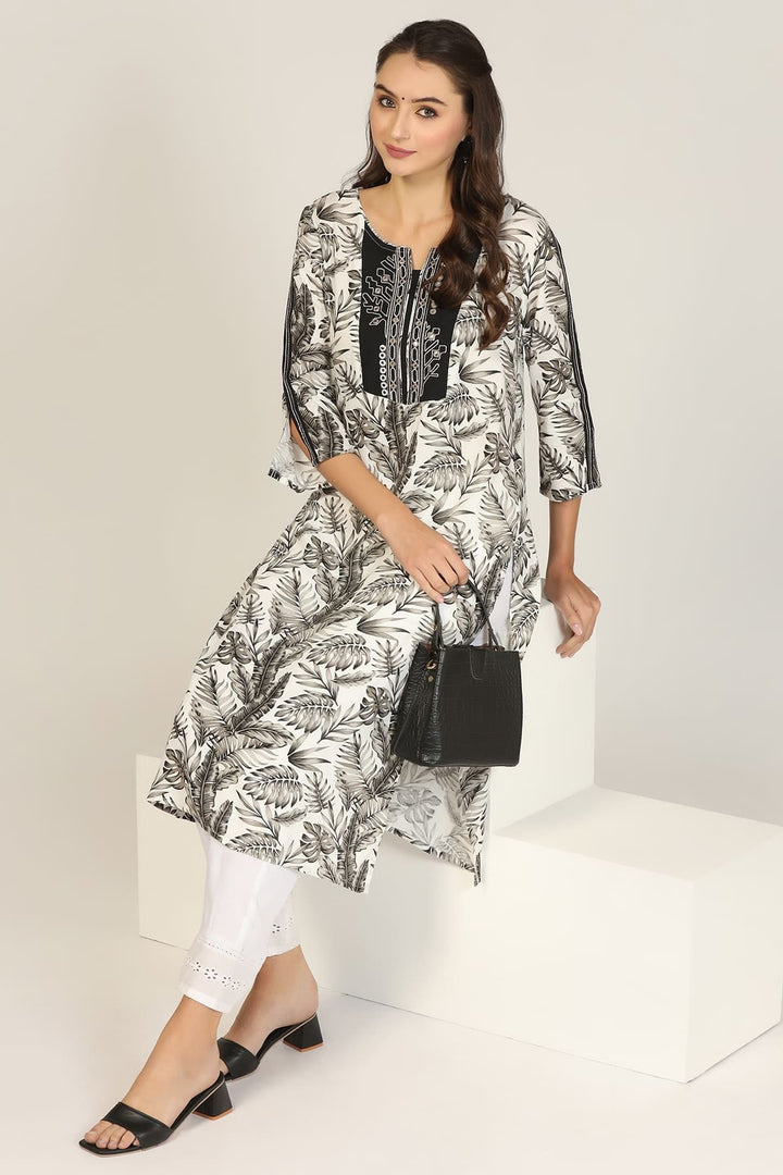 Black &amp; White Rayon Embroidered Kurti