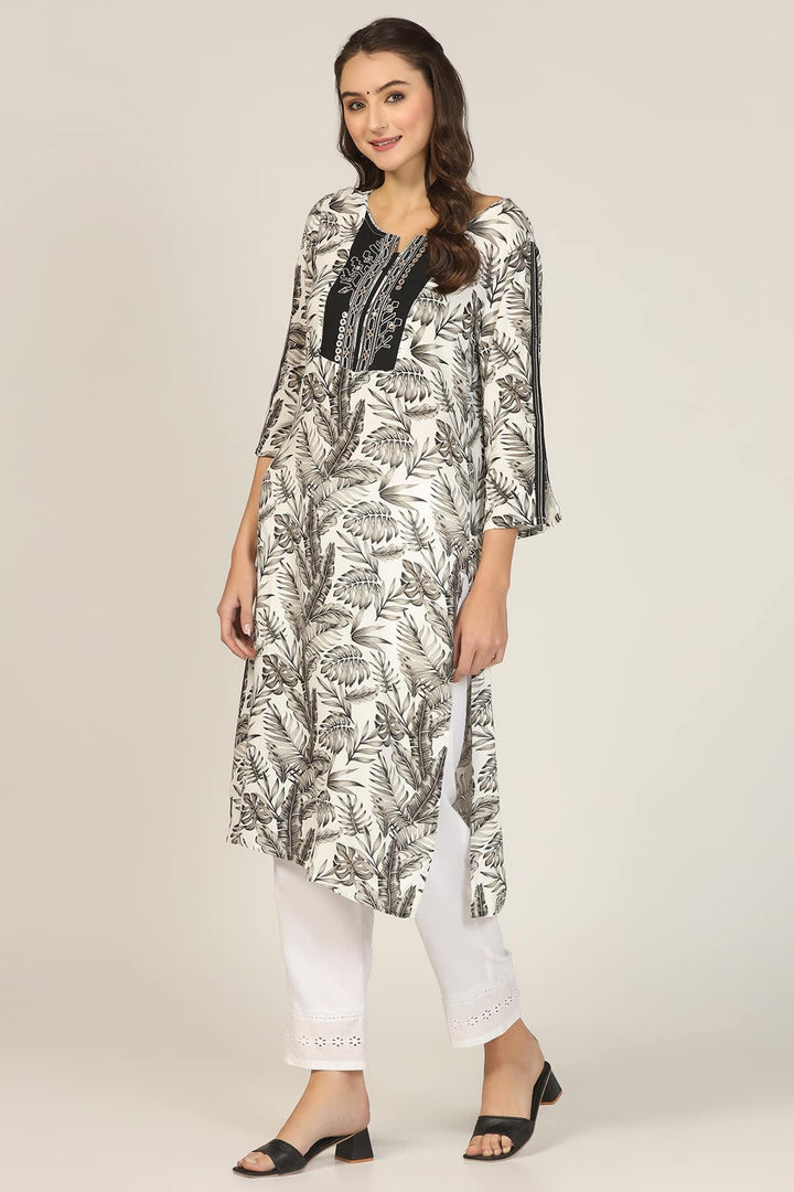 Black &amp; White Rayon Embroidered Kurti