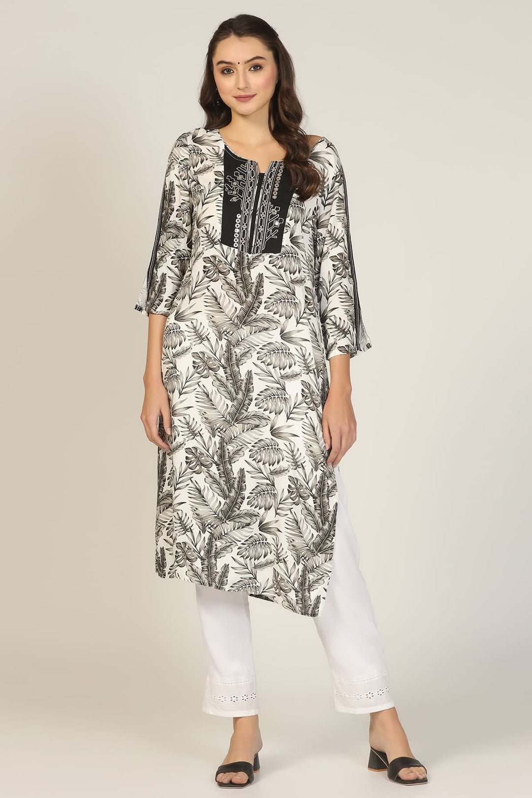 Black &amp; White Rayon Embroidered Kurti