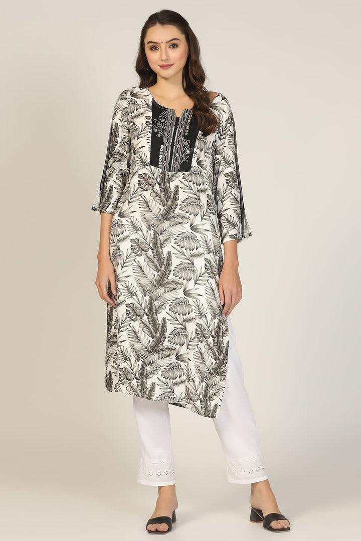 Black &amp; White Rayon Embroidered Kurti