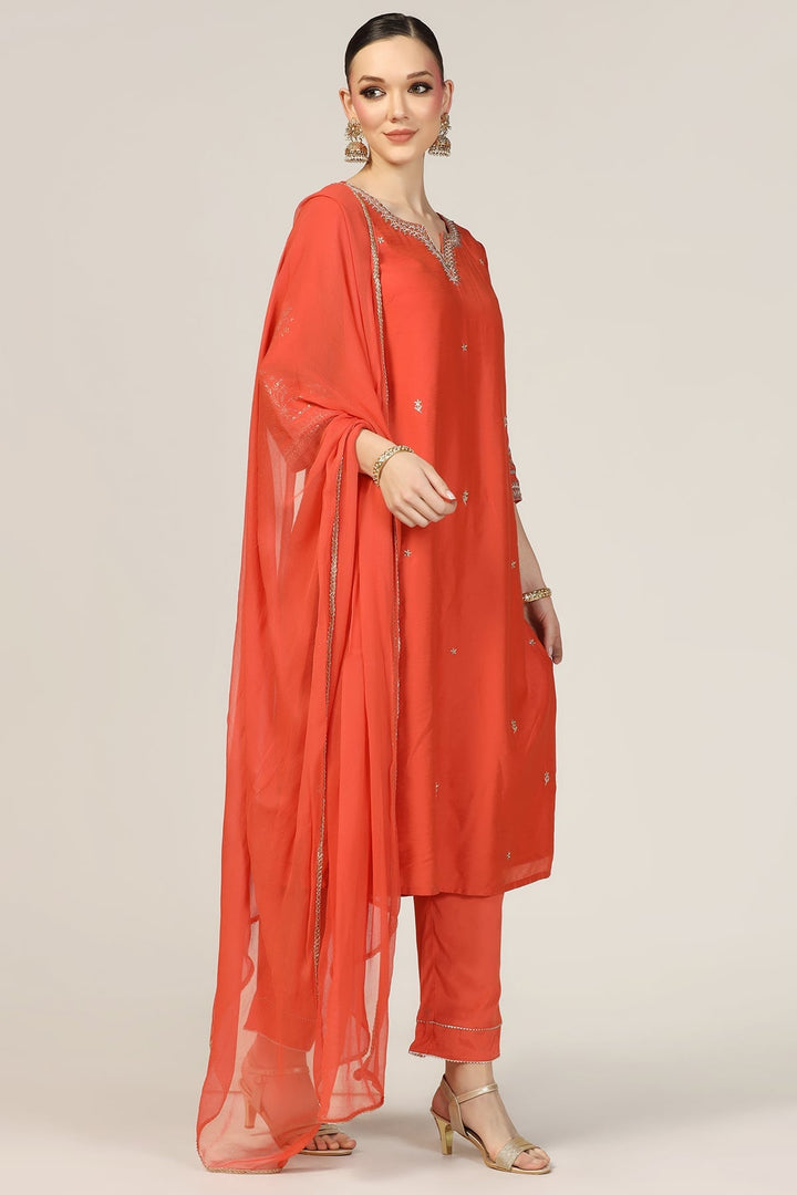 Orange Chanderi Embroidered Kurti